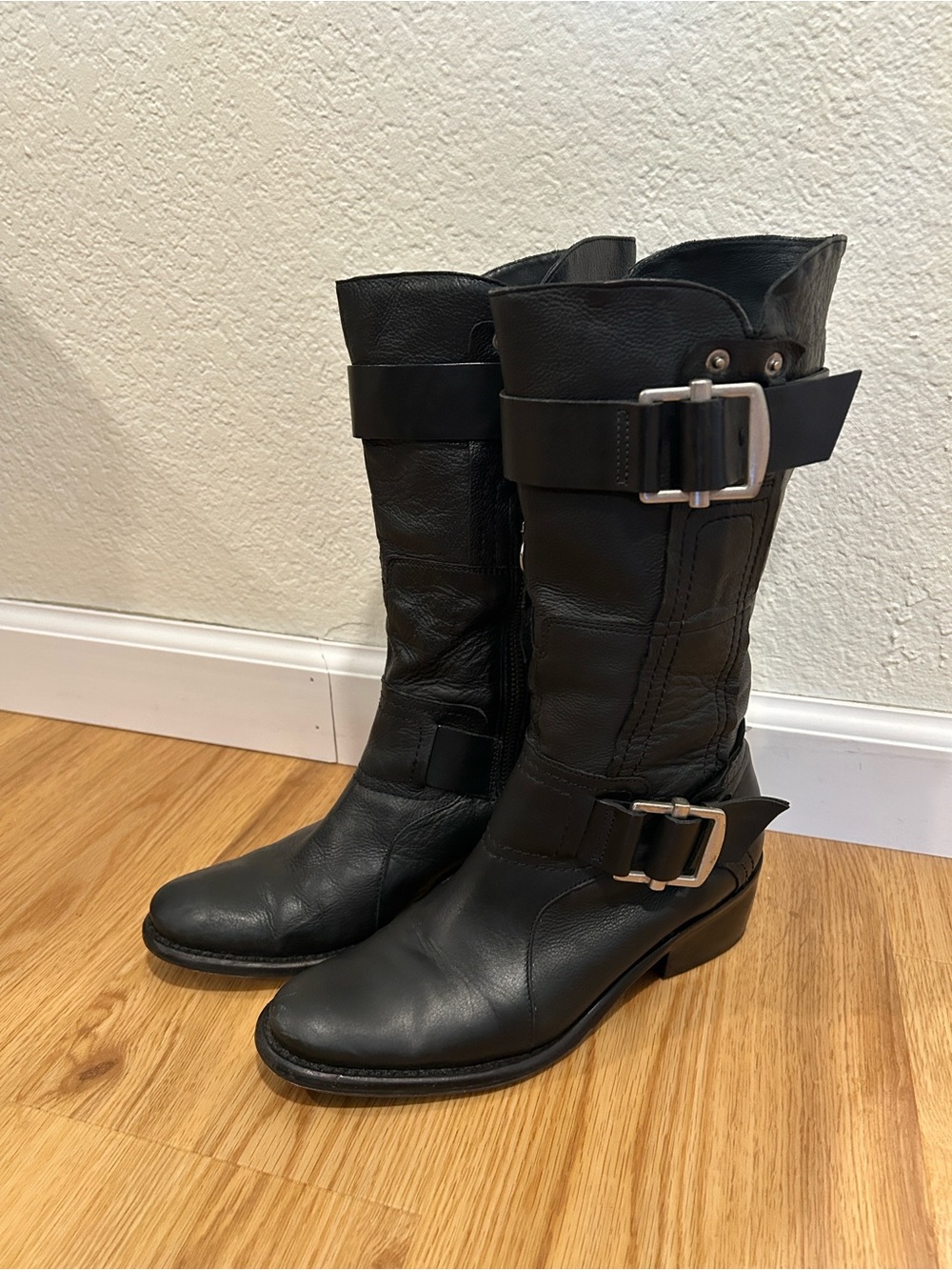 VERA WANG LAVENDAR-Black Leather Mid-Calf Women's Boots with Buckle Detail